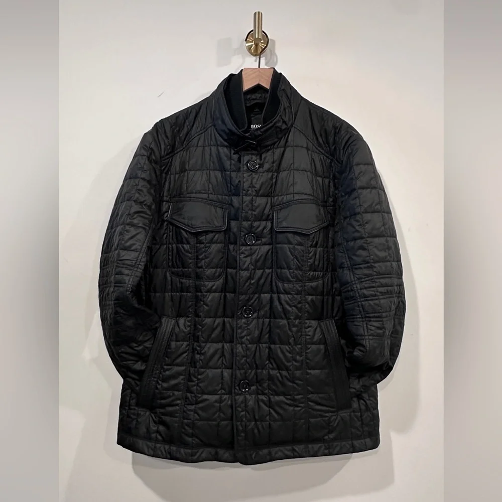 Black Hugo BOSS Quilted Puffer Aviator Jacket with Leather Trim Size 42R